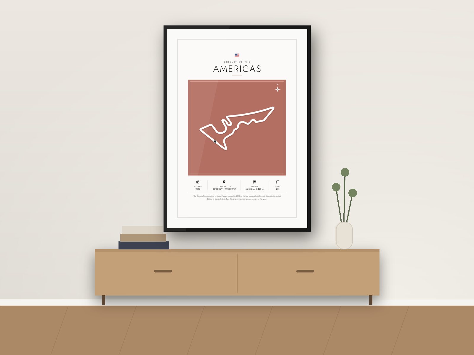 Circuit of the Americas circuit poster, Gallery Colour Edition, framed on a wall