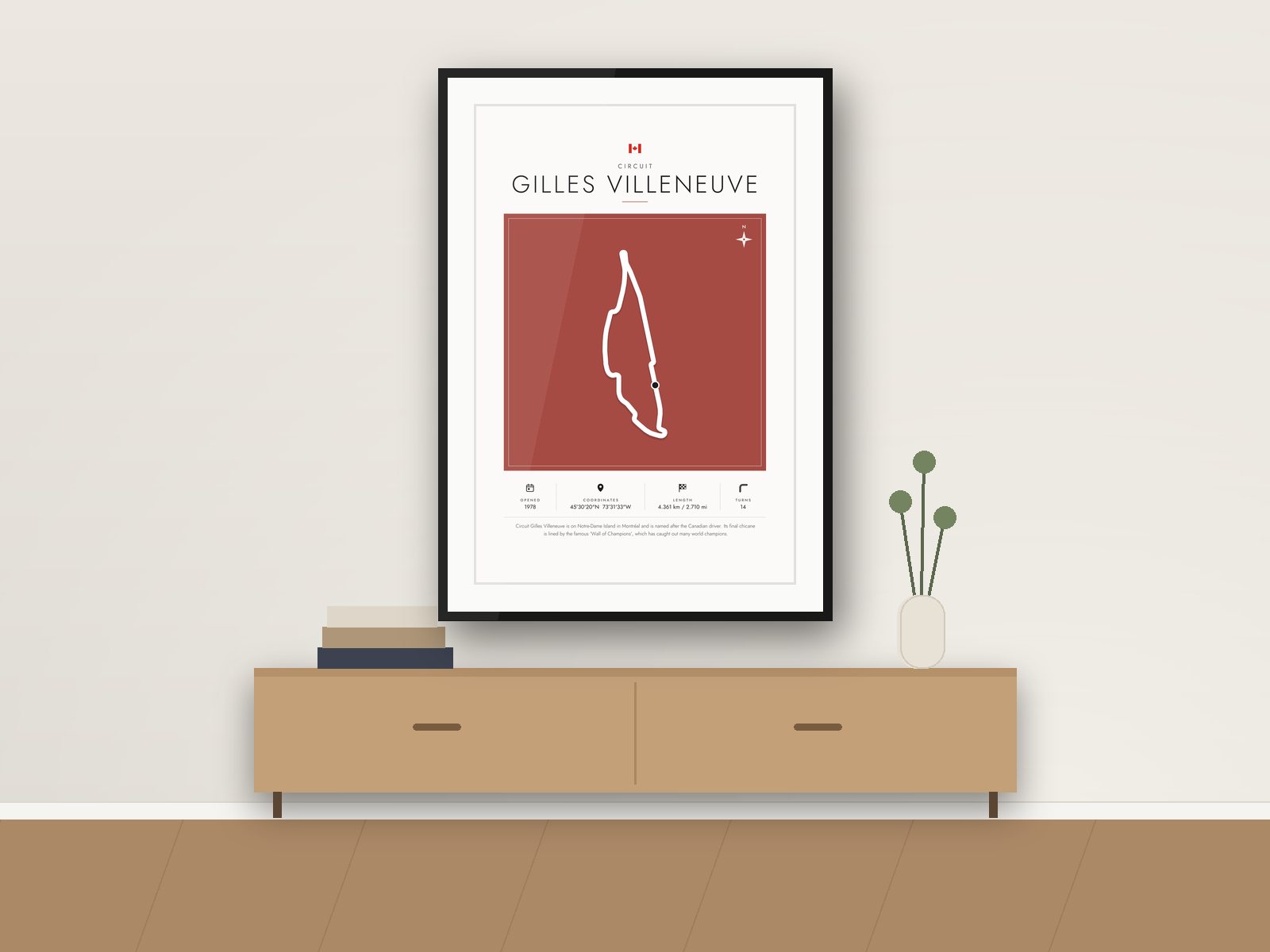 Gilles Villeneuve circuit poster, Gallery Colour Edition, framed on a wall