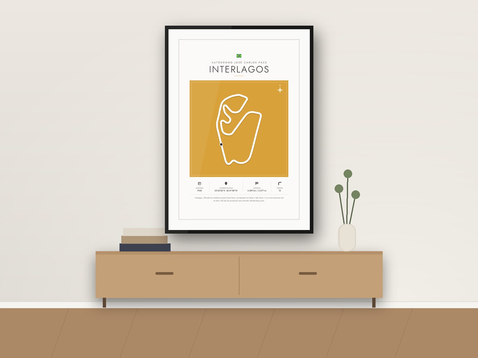 Interlagos circuit poster, Gallery Colour Edition, framed on a wall