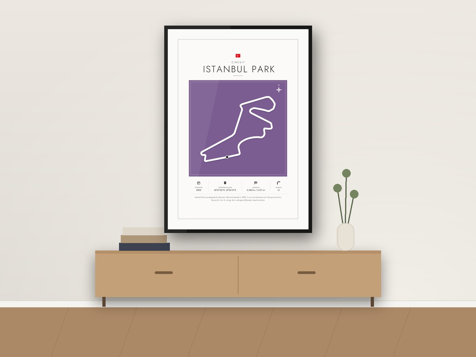 Istanbul Park circuit poster, Gallery Colour Edition, framed on a wall