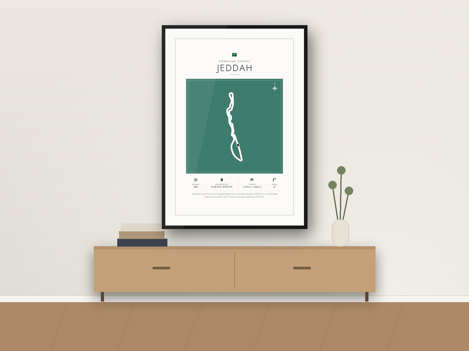 Jeddah Corniche circuit poster, Gallery Colour Edition, framed on a wall