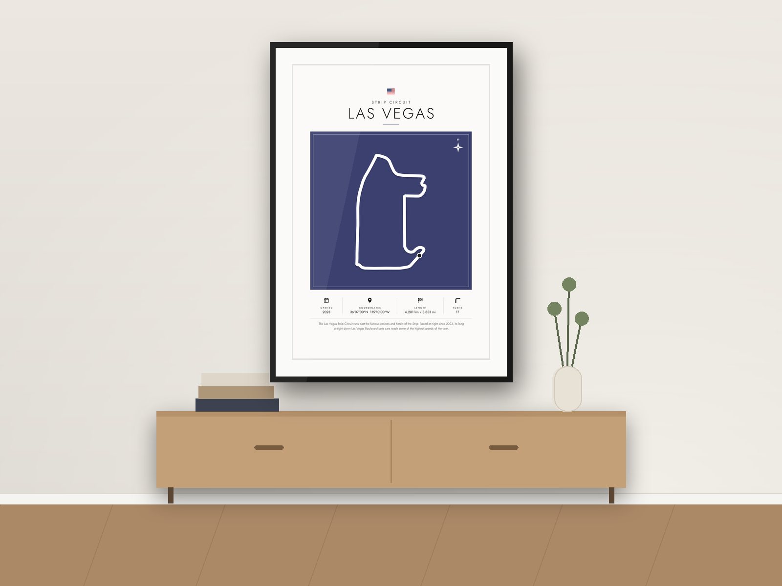 Las Vegas circuit poster, Gallery Colour Edition, framed on a wall