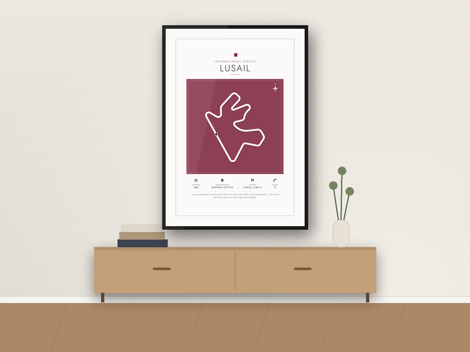 Lusail circuit poster, Gallery Colour Edition, framed on a wall