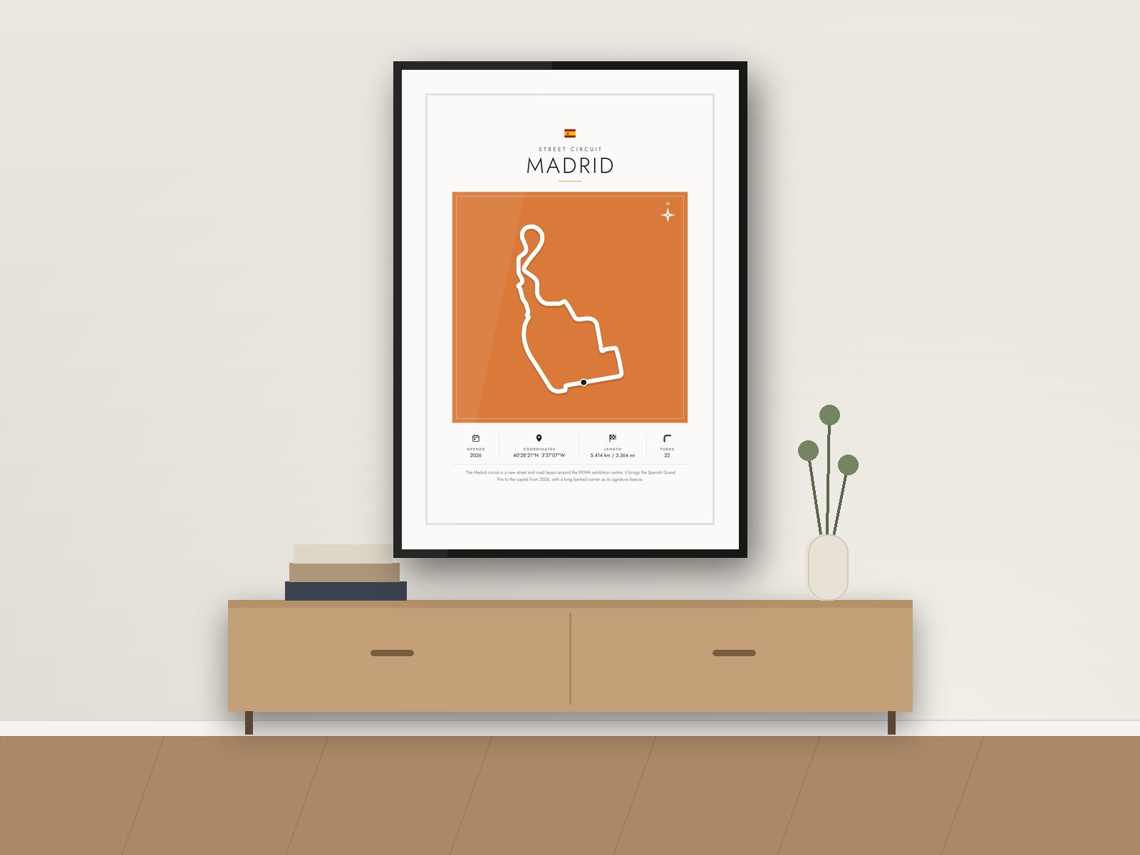 Madrid circuit poster, Gallery Colour Edition, framed on a wall