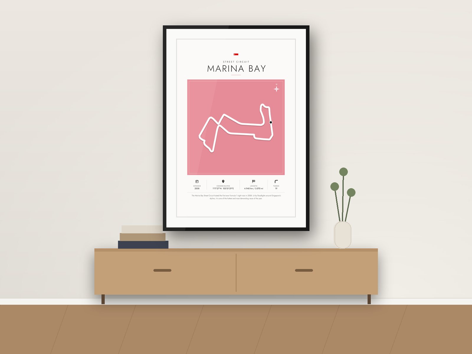 Marina Bay circuit poster, Gallery Colour Edition, framed on a wall