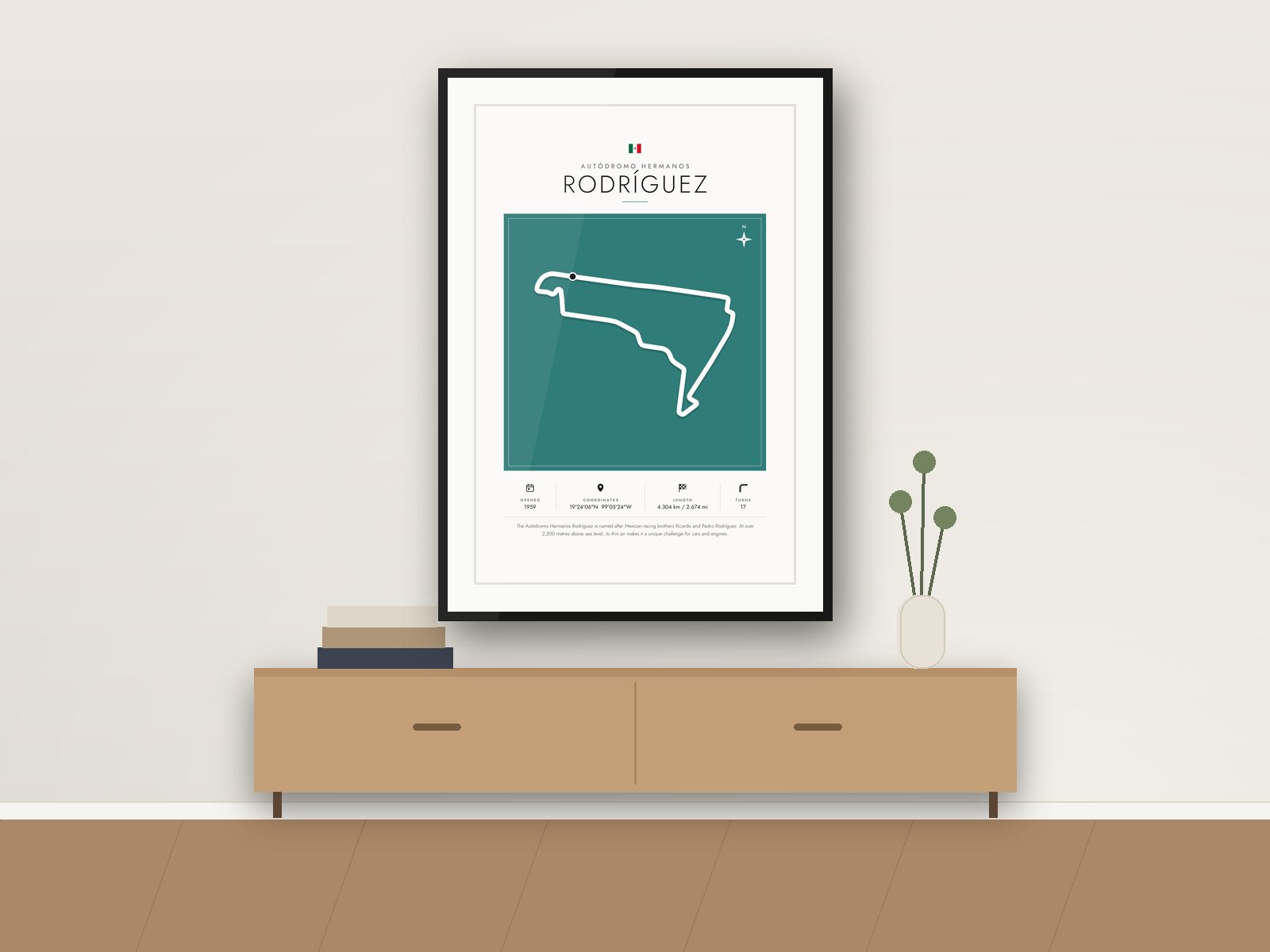 Mexico City circuit poster, Gallery Colour Edition, framed on a wall