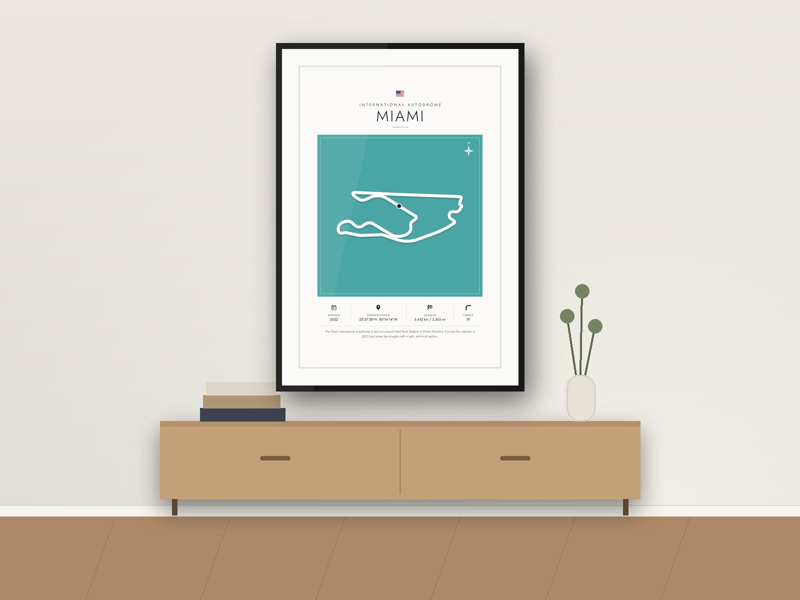 Miami circuit poster, Gallery Colour Edition, framed on a wall