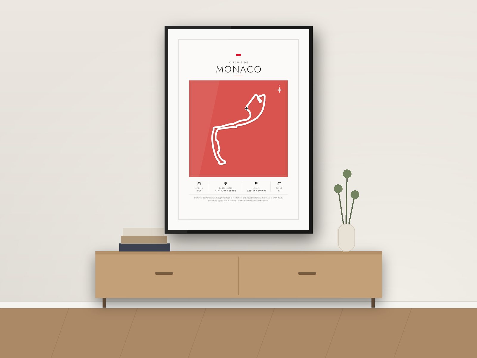 Monaco circuit poster, Gallery Colour Edition, framed on a wall
