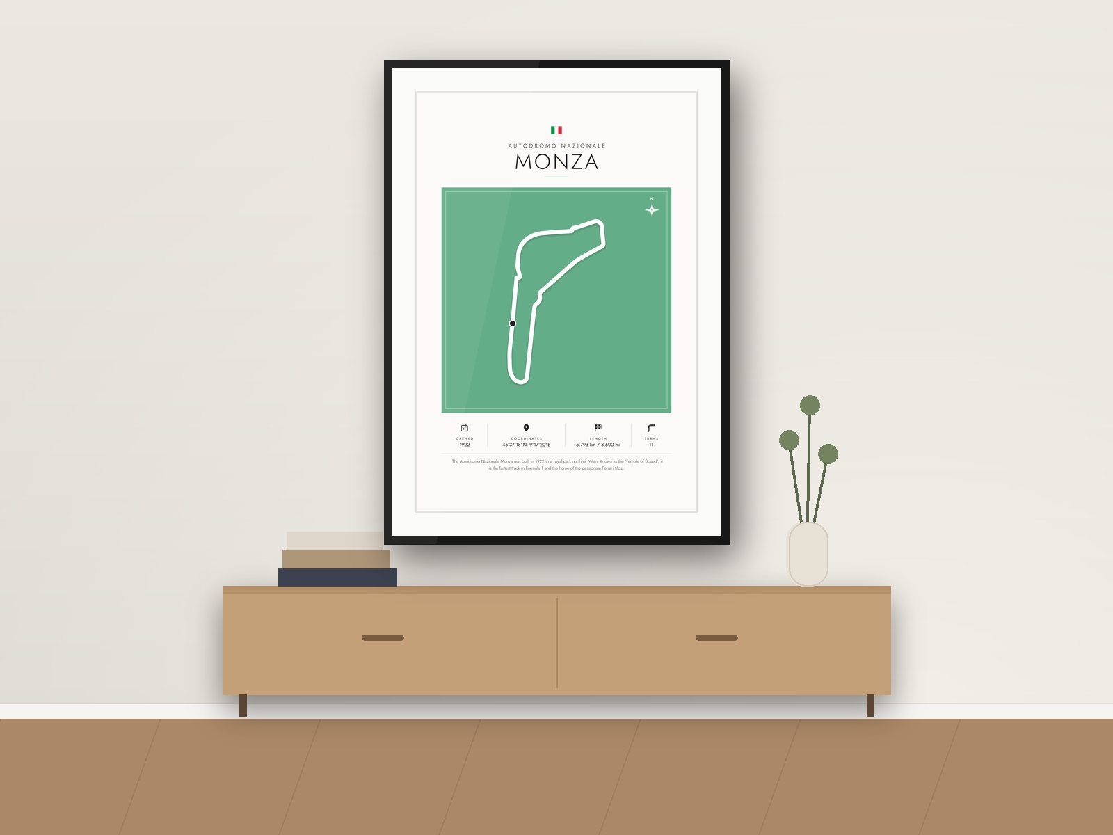 Monza circuit poster, Gallery Colour Edition, framed on a wall