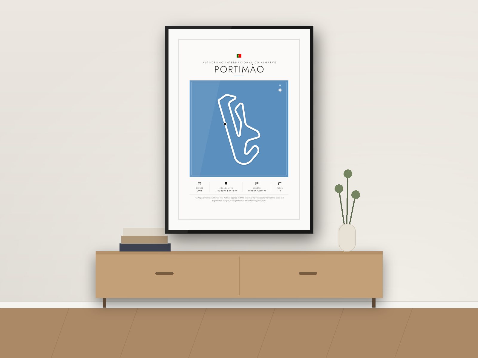 Portimão circuit poster, Gallery Colour Edition, framed on a wall