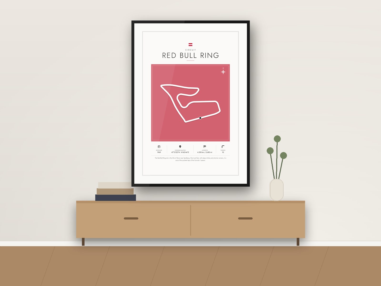 Red Bull Ring circuit poster, Gallery Colour Edition, framed on a wall