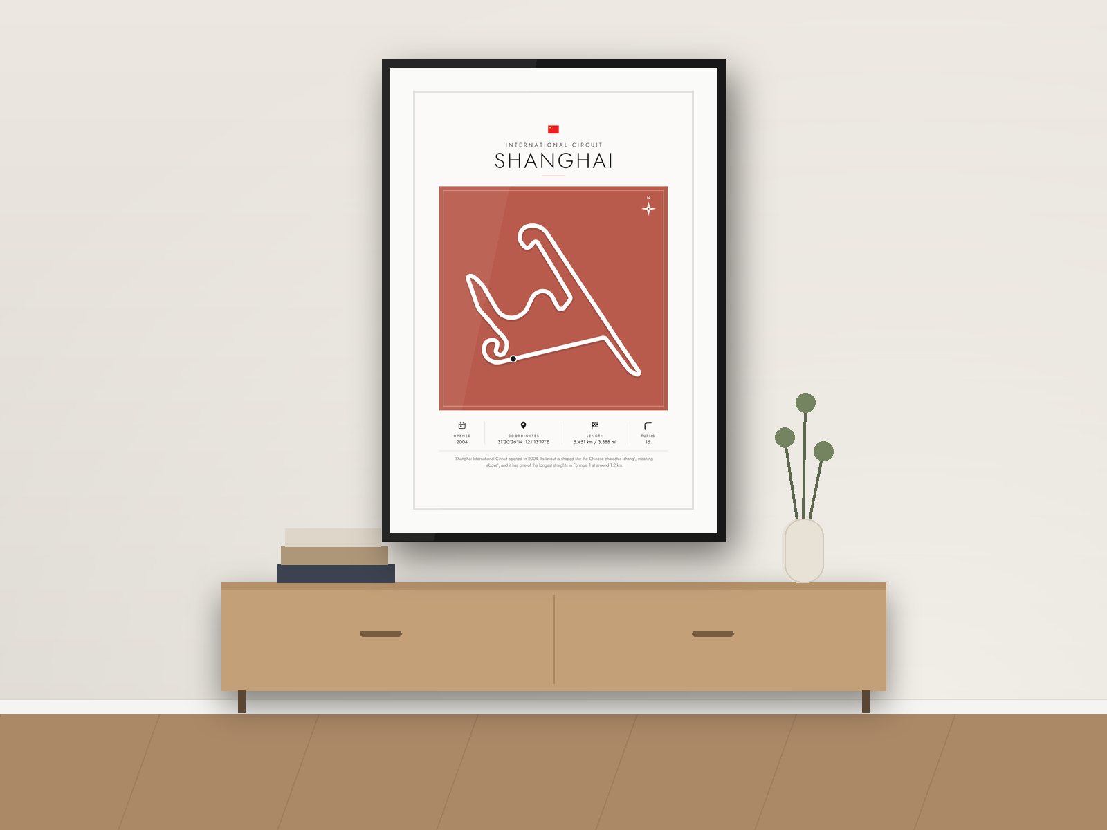 Shanghai circuit poster, Gallery Colour Edition, framed on a wall