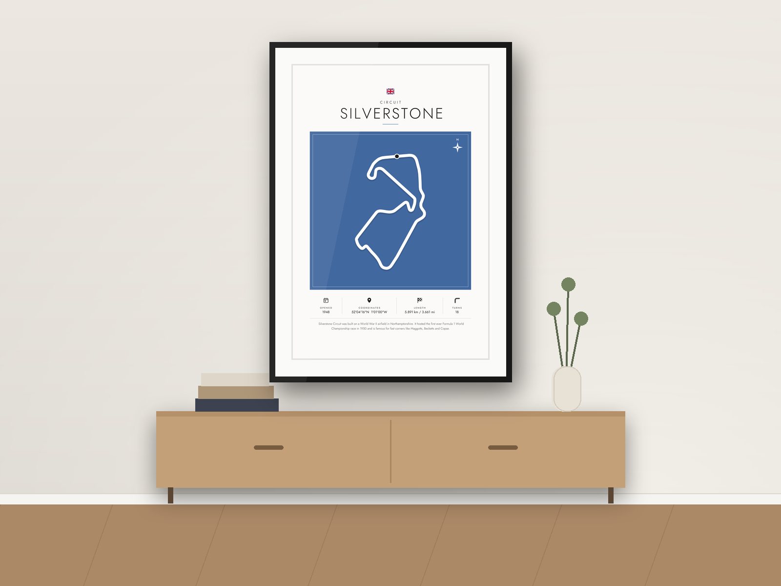 Silverstone circuit poster, Gallery Colour Edition, framed on a wall