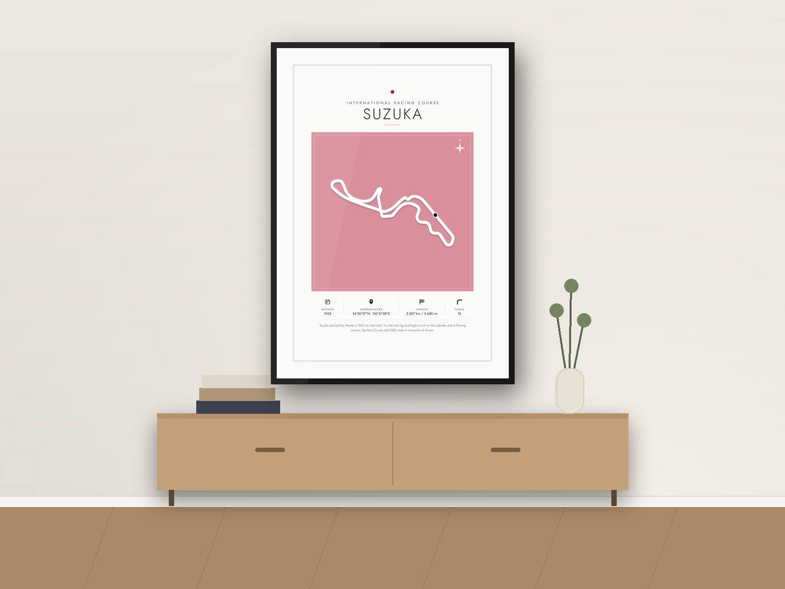 Suzuka circuit poster, Gallery Colour Edition, framed on a wall