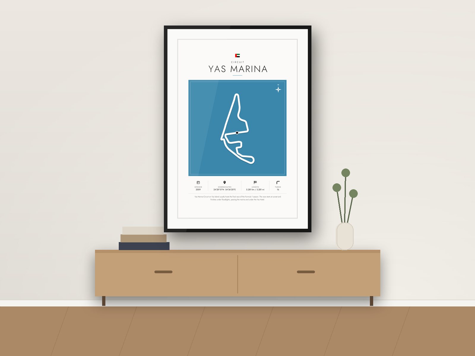 Yas Marina circuit poster, Gallery Colour Edition, framed on a wall