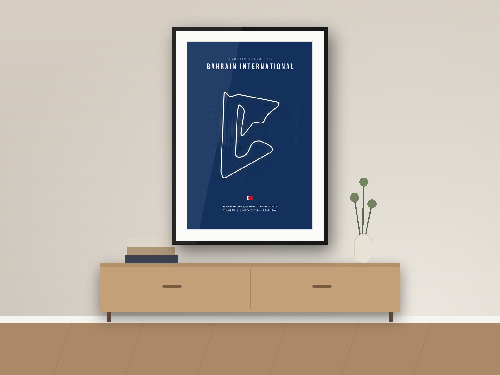Bahrain International circuit poster, Navy City Edition, framed on a wall