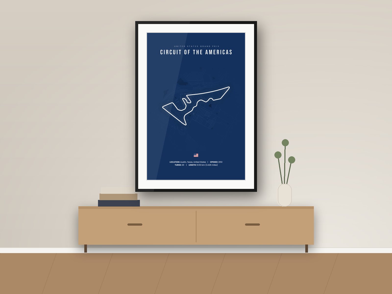 Circuit of the Americas circuit poster, Navy City Edition, framed on a wall