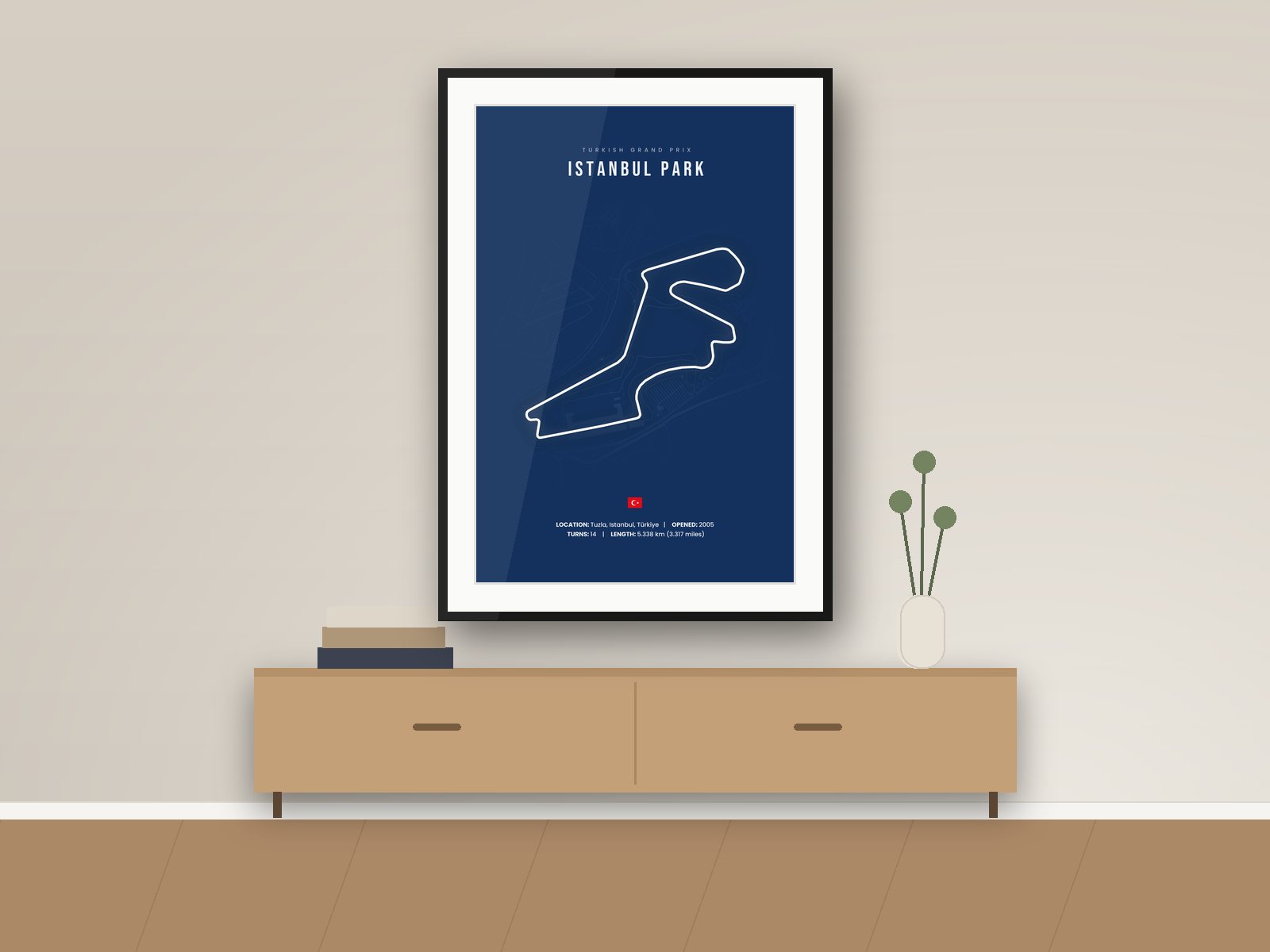 Istanbul Park circuit poster, Navy City Edition, framed on a wall