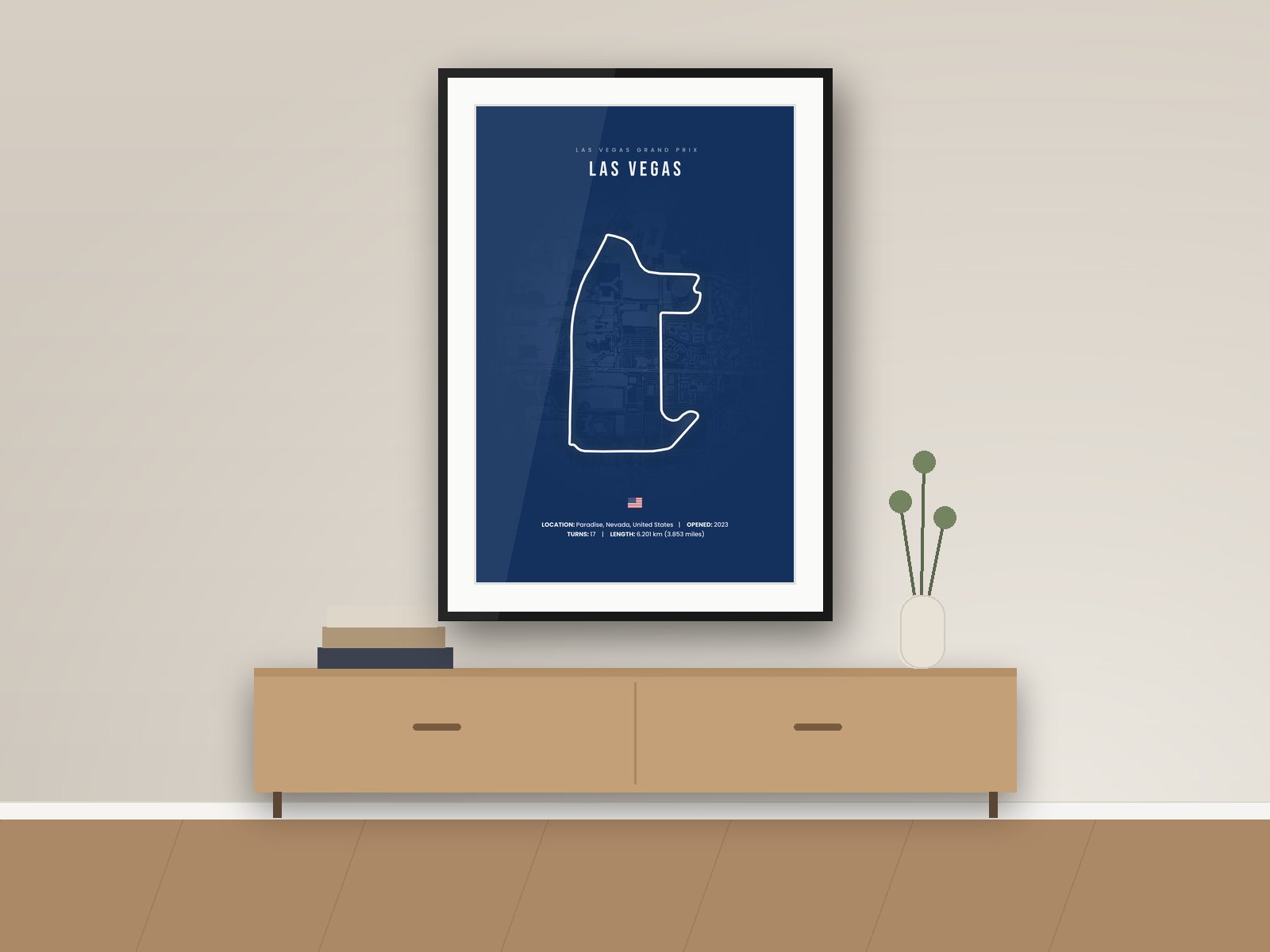 Las Vegas circuit poster, Navy City Edition, framed on a wall