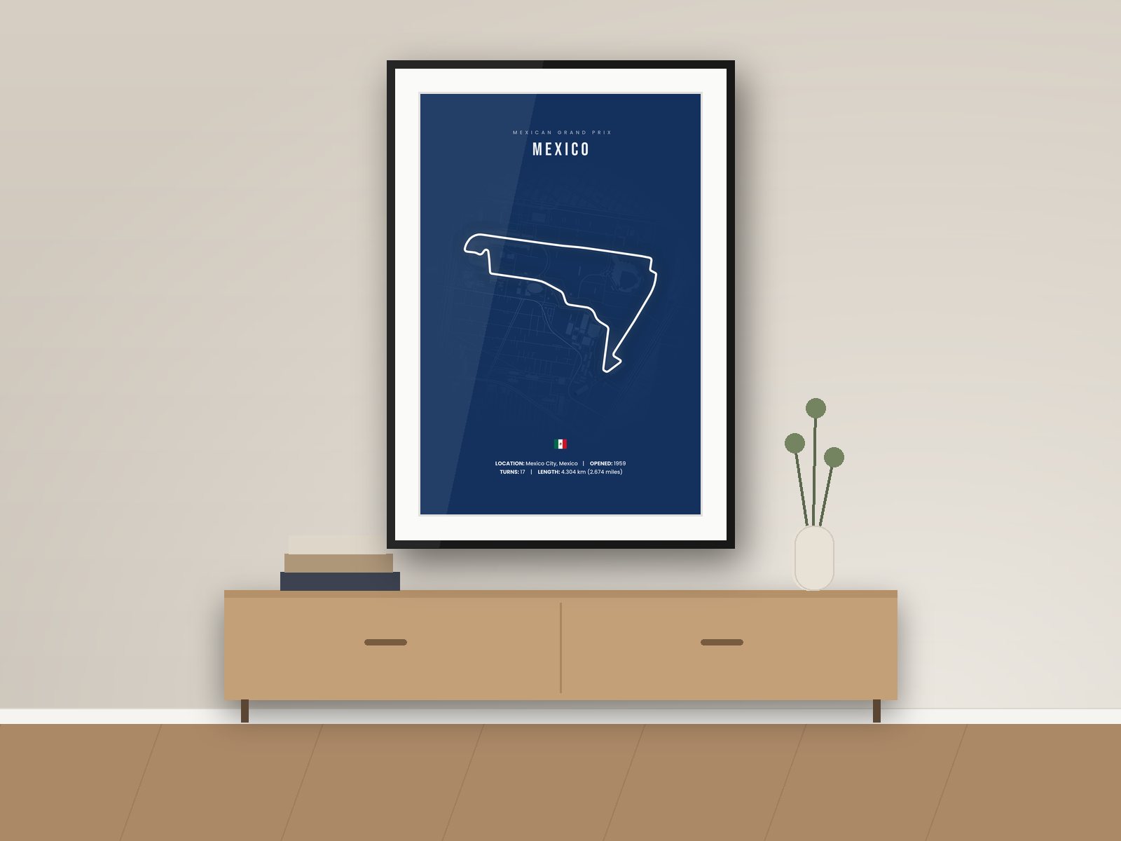 Mexico City circuit poster, Navy City Edition, framed on a wall