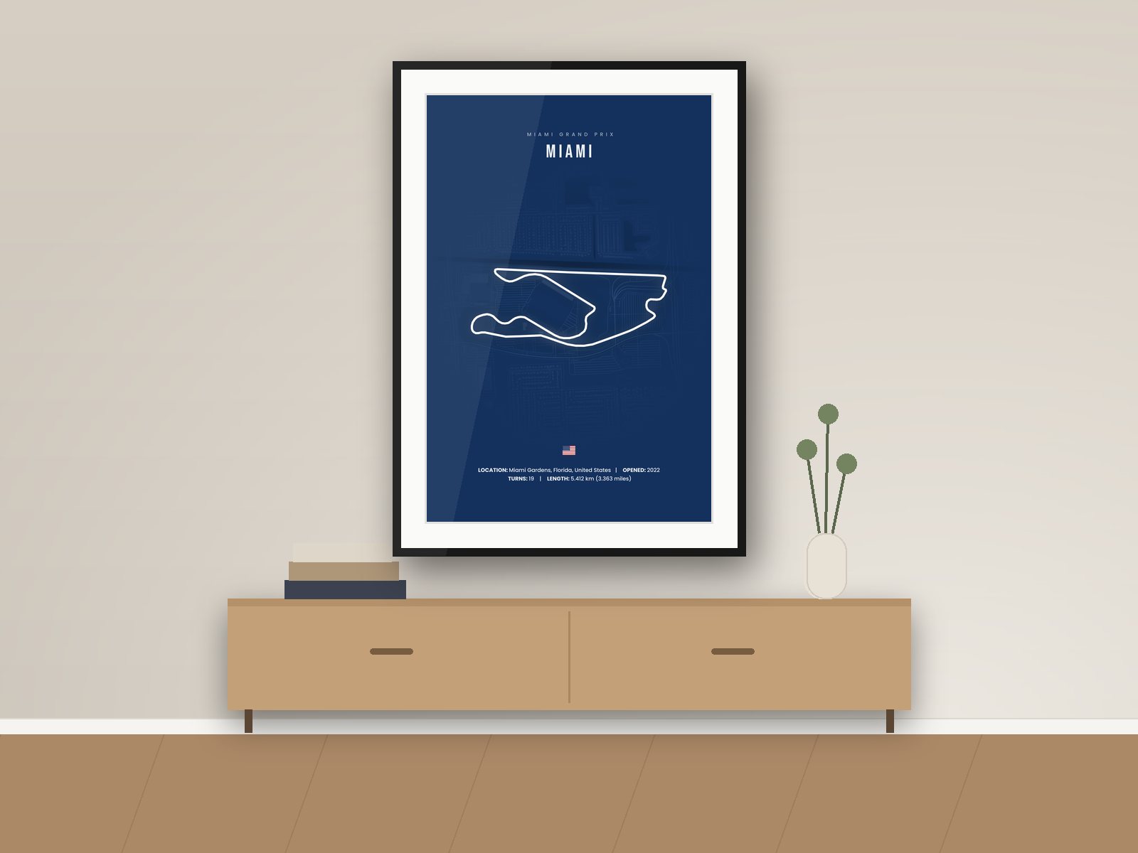 Miami circuit poster, Navy City Edition, framed on a wall