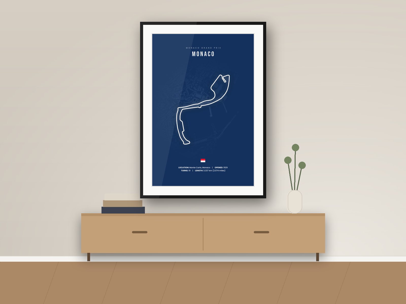 Monaco circuit poster, Navy City Edition, framed on a wall