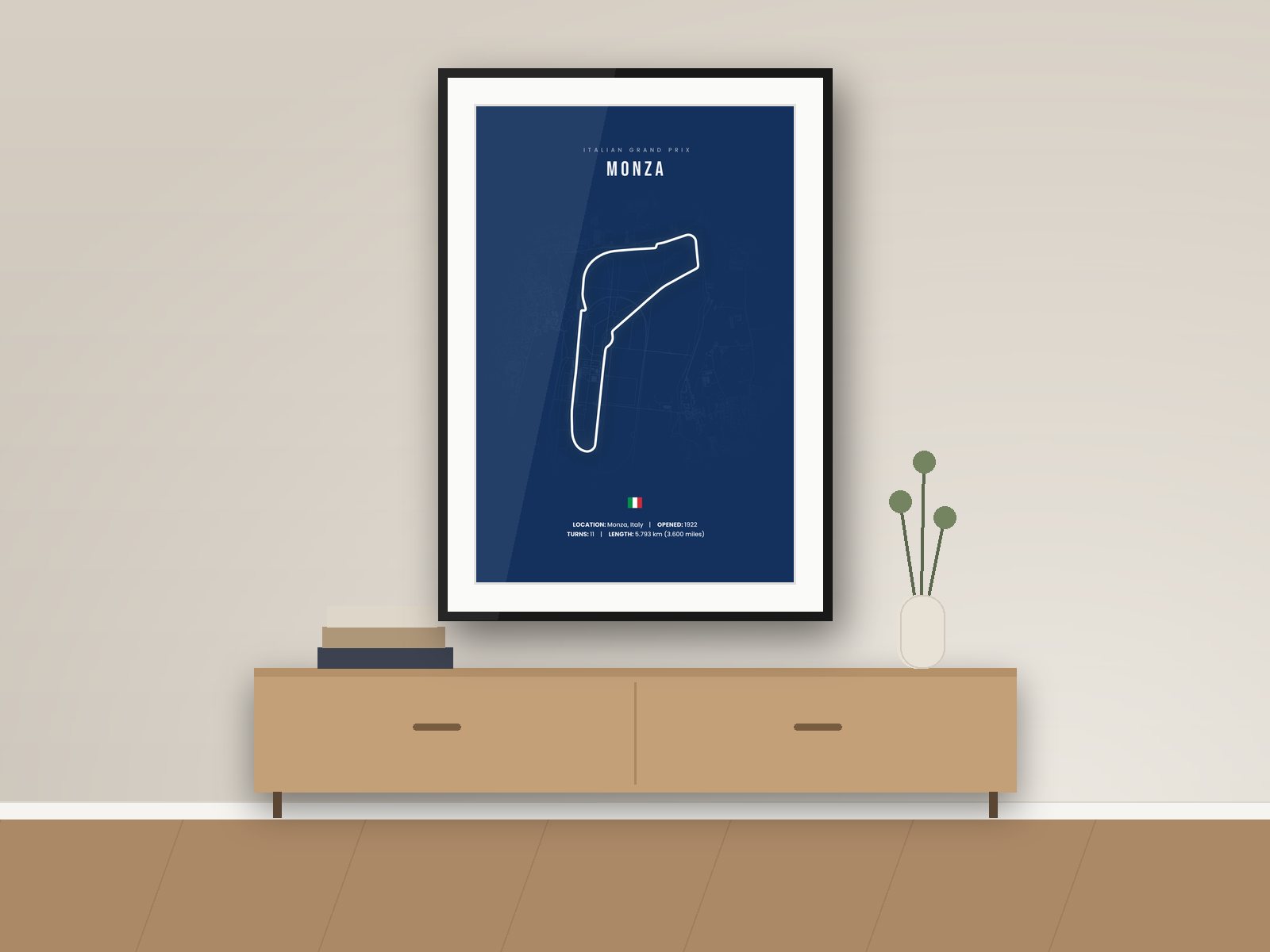 Monza circuit poster, Navy City Edition, framed on a wall