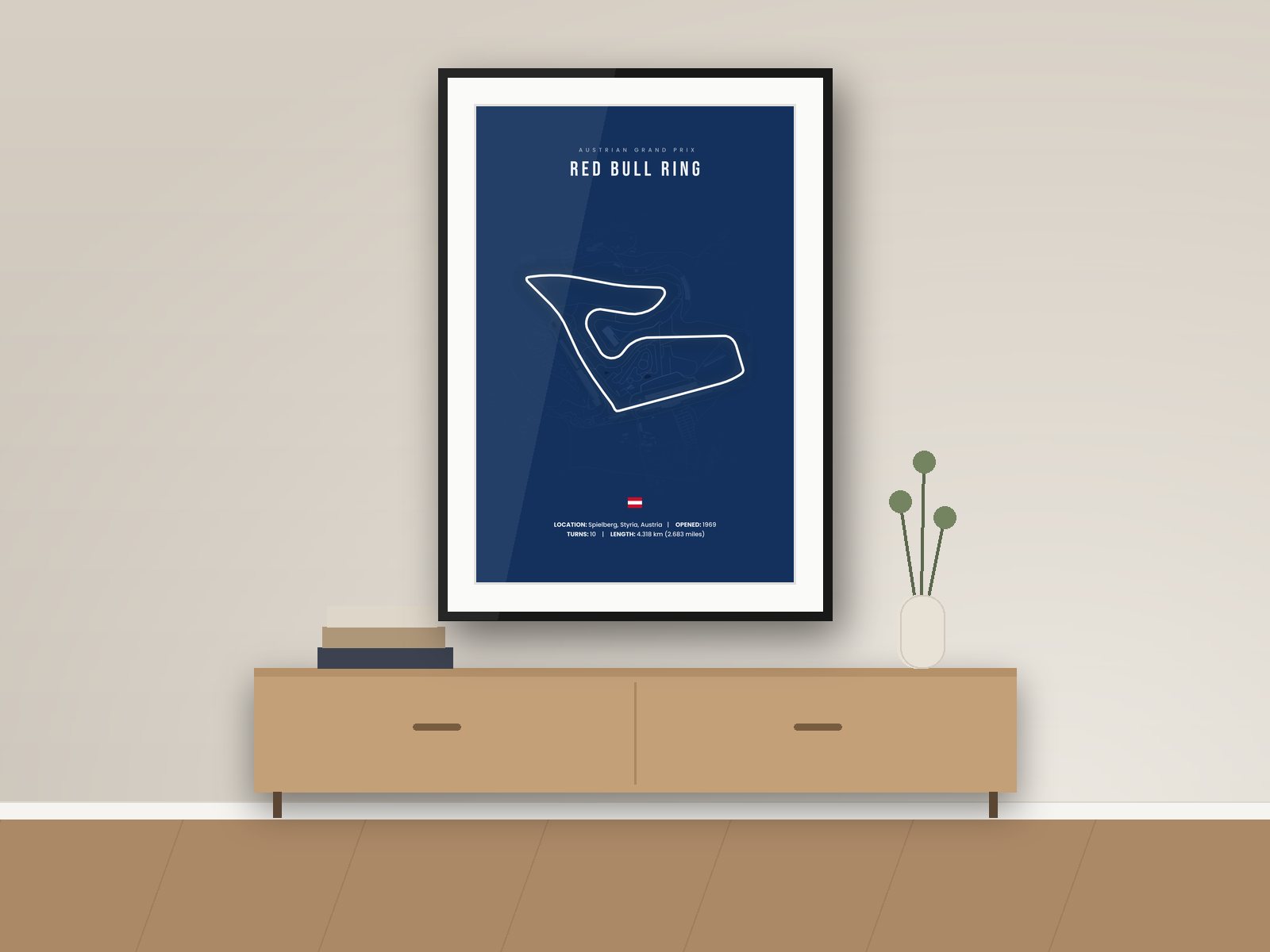 Red Bull Ring circuit poster, Navy City Edition, framed on a wall