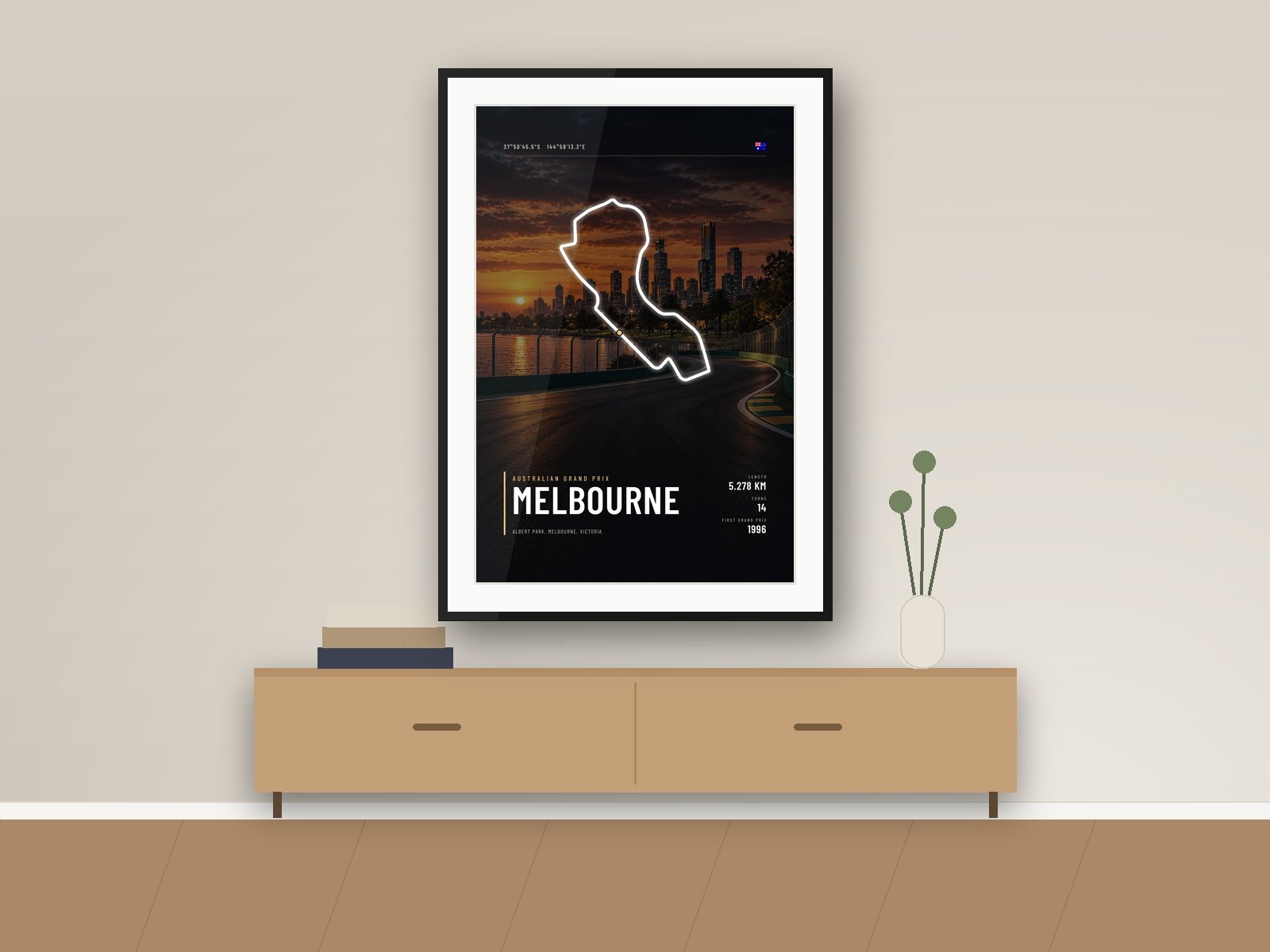 Albert Park circuit poster, Night Photo Edition, framed on a wall
