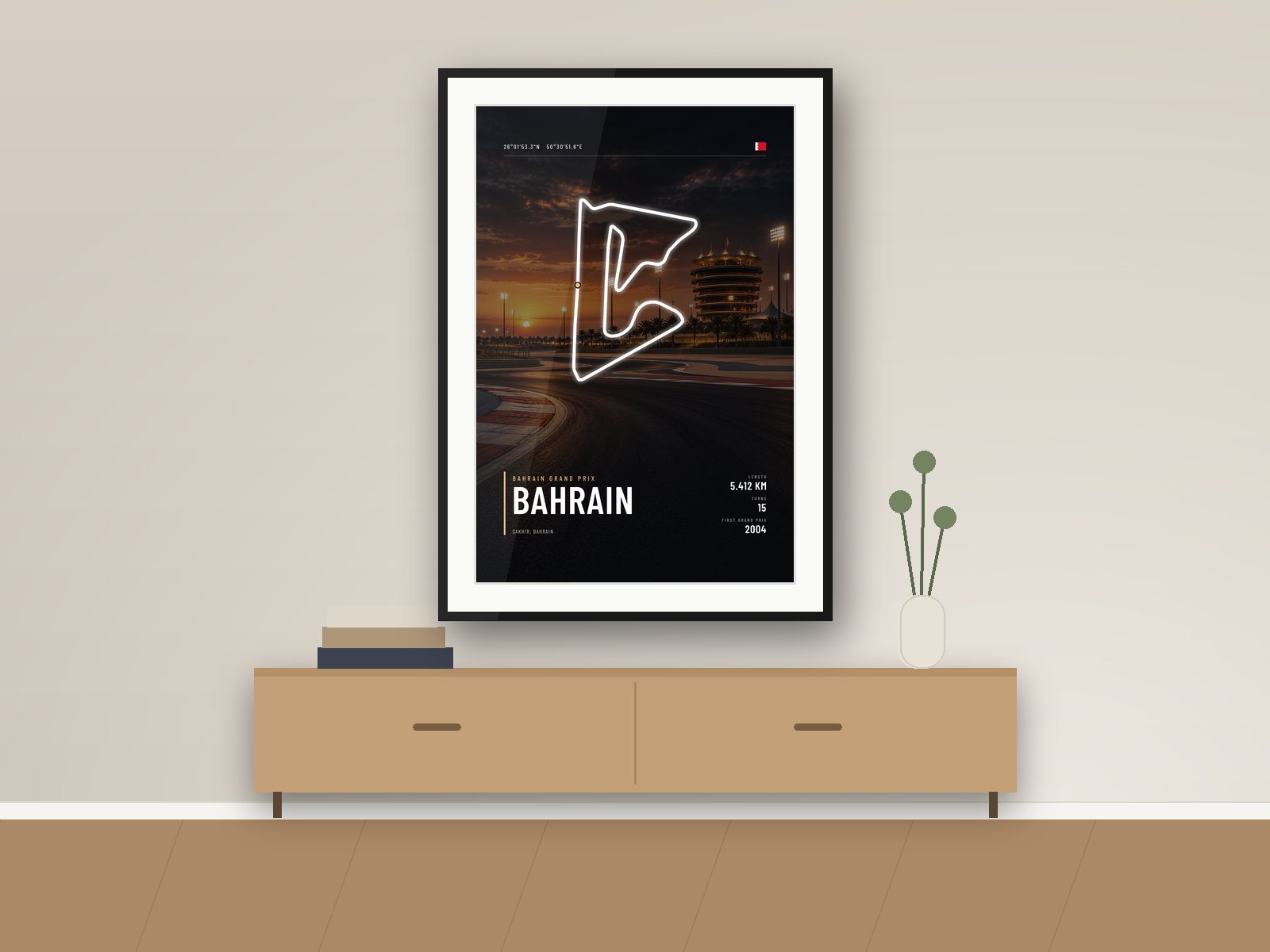 Bahrain International circuit poster, Night Photo Edition, framed on a wall