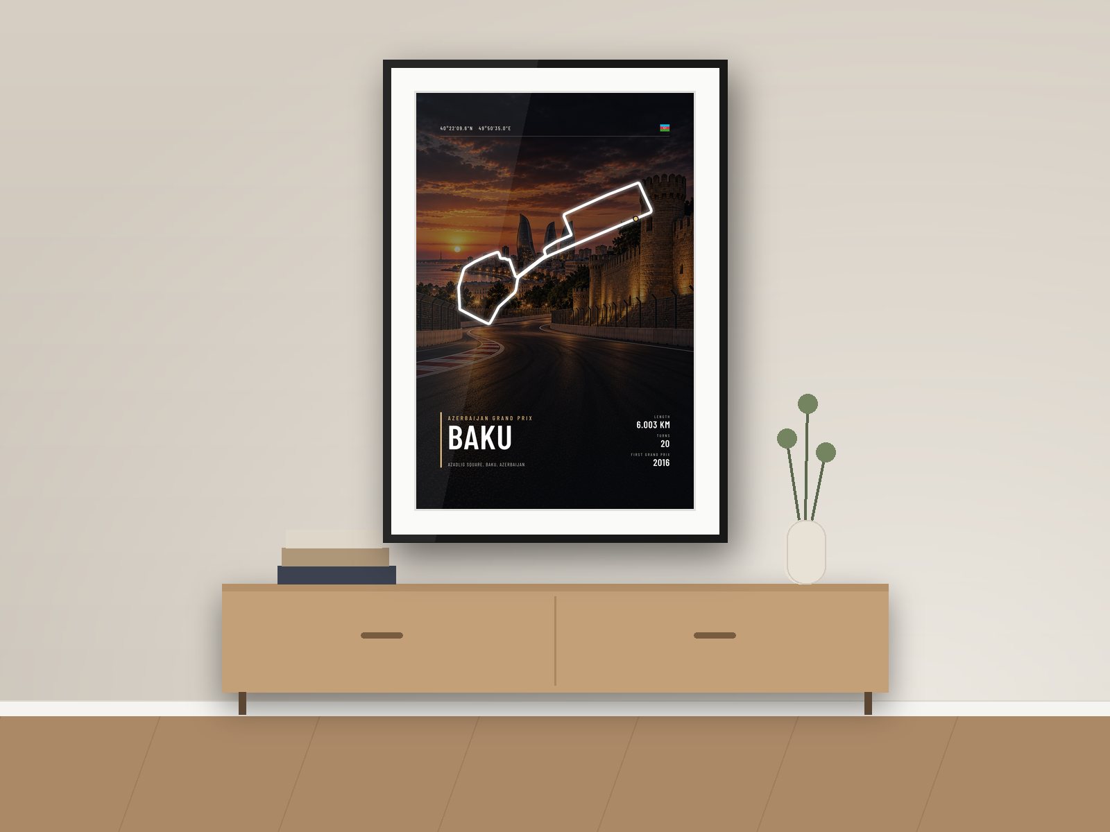 Baku City circuit poster, Night Photo Edition, framed on a wall