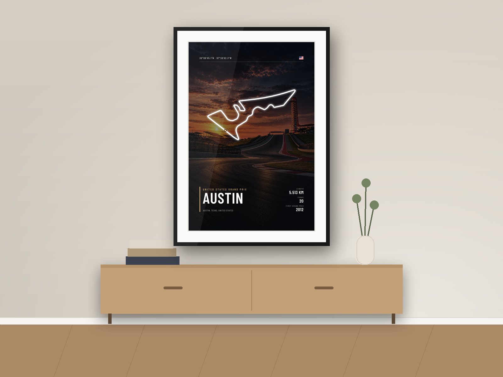 Circuit of the Americas circuit poster, Night Photo Edition, framed on a wall