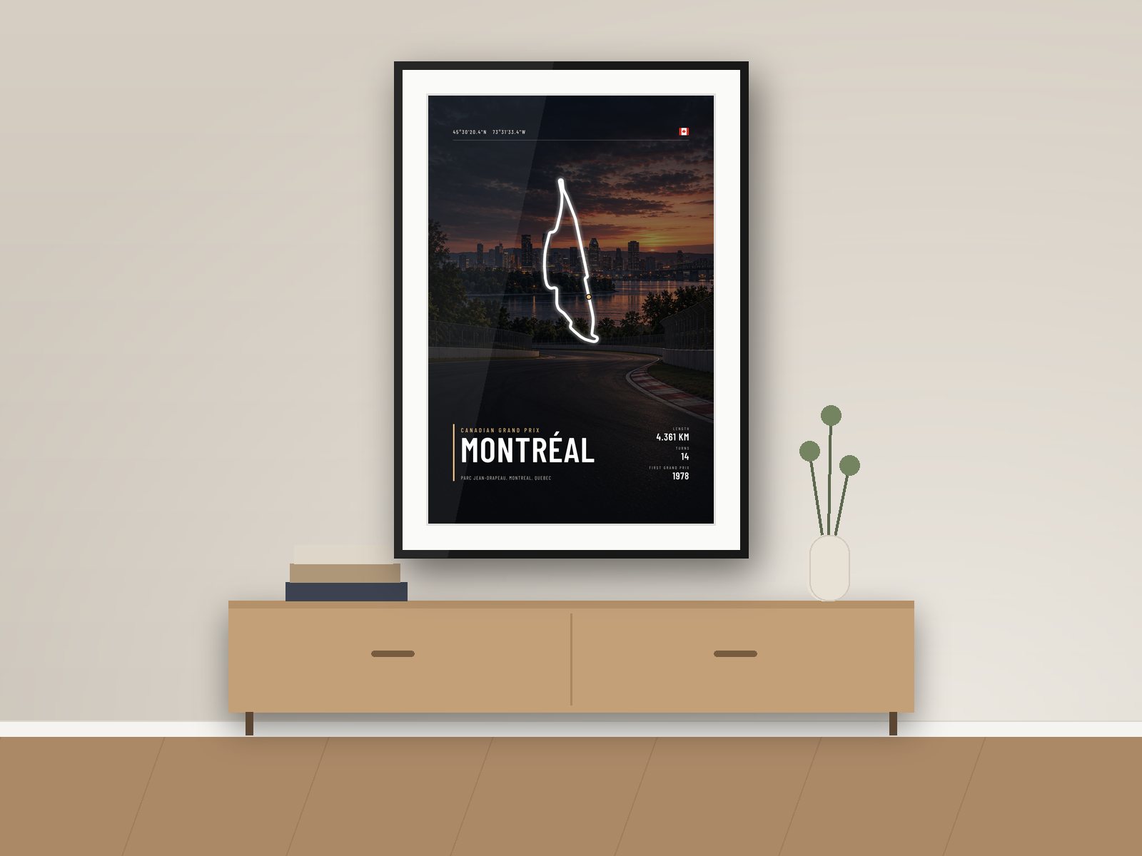 Gilles Villeneuve circuit poster, Night Photo Edition, framed on a wall