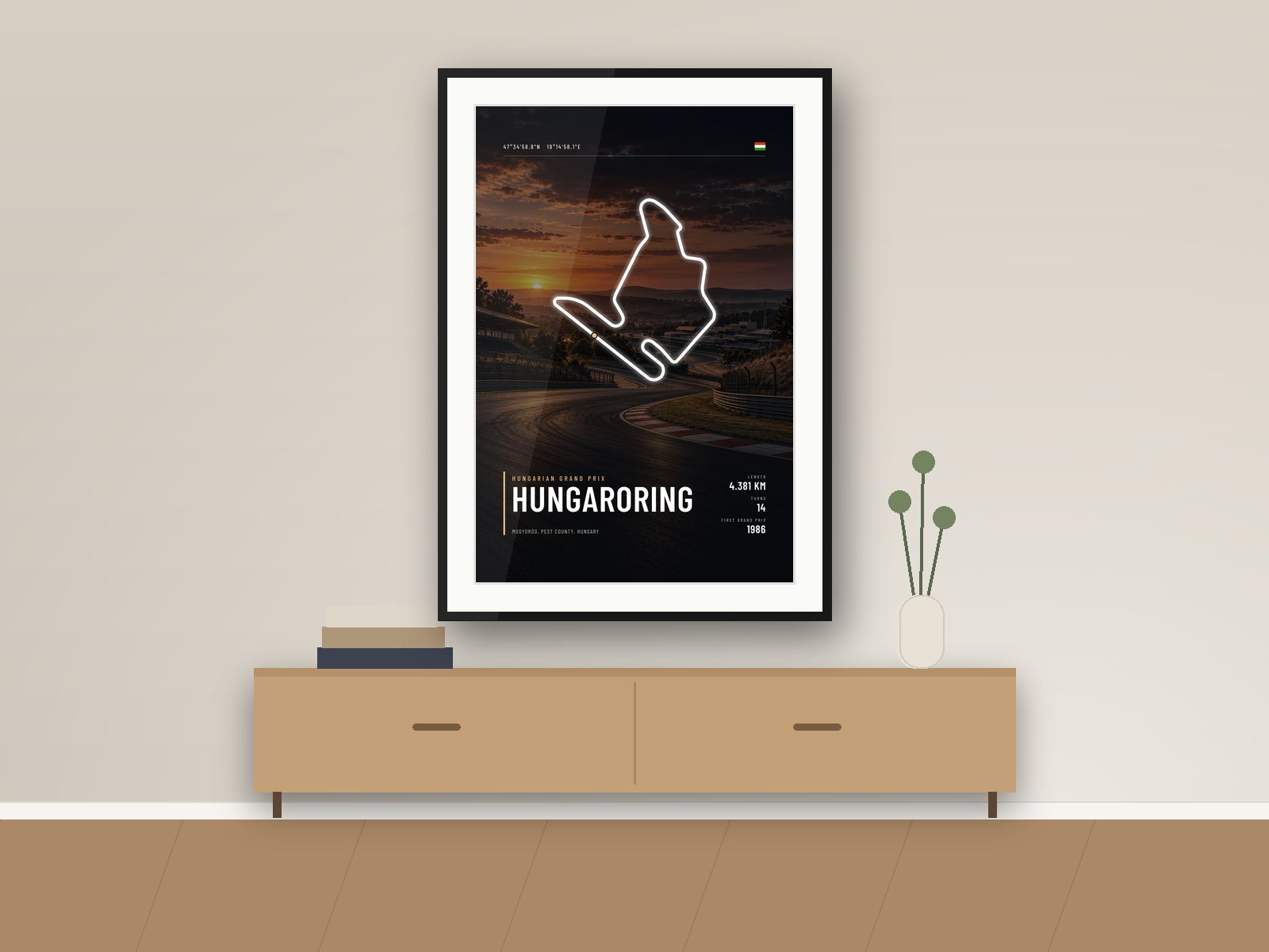 Hungaroring circuit poster, Night Photo Edition, framed on a wall