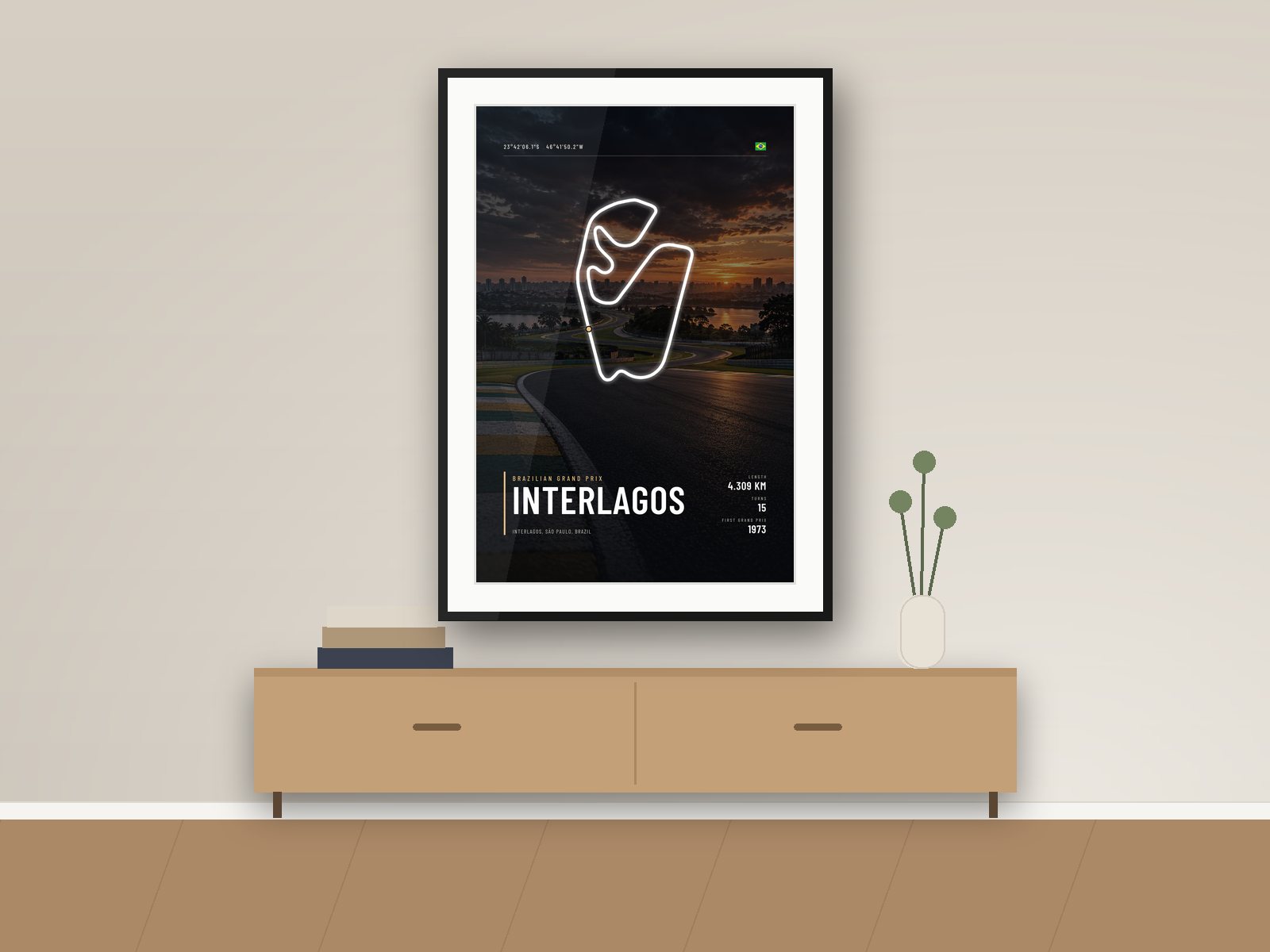 Interlagos circuit poster, Night Photo Edition, framed on a wall