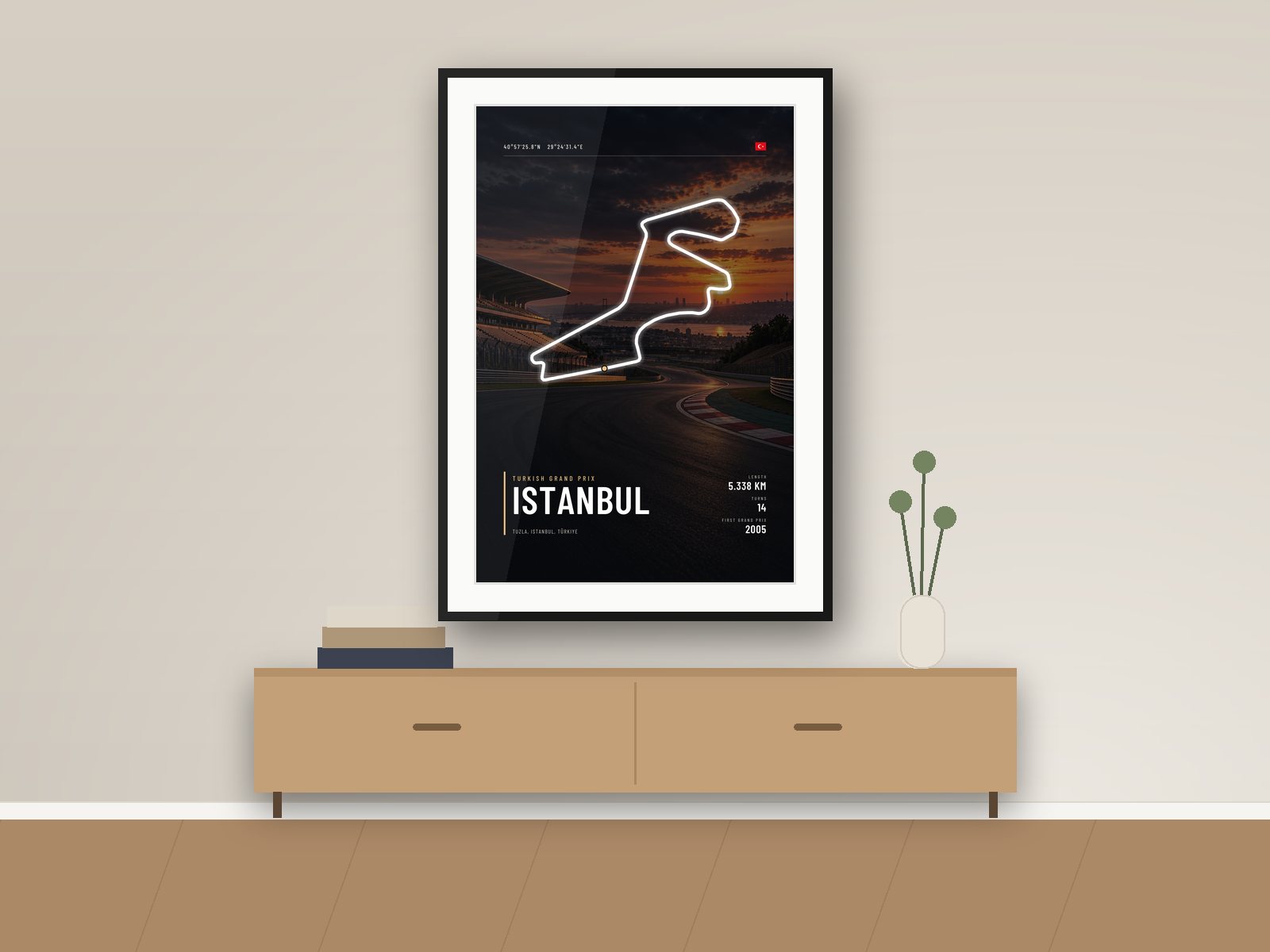 Istanbul Park circuit poster, Night Photo Edition, framed on a wall