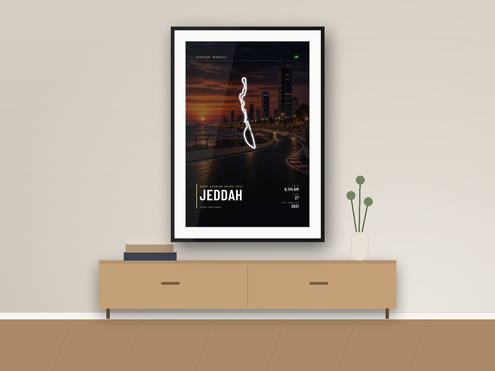 Jeddah Corniche circuit poster, Night Photo Edition, framed on a wall