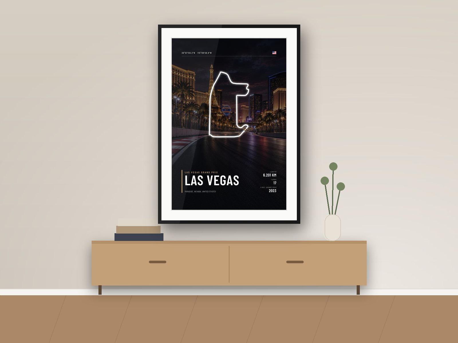 Las Vegas circuit poster, Night Photo Edition, framed on a wall