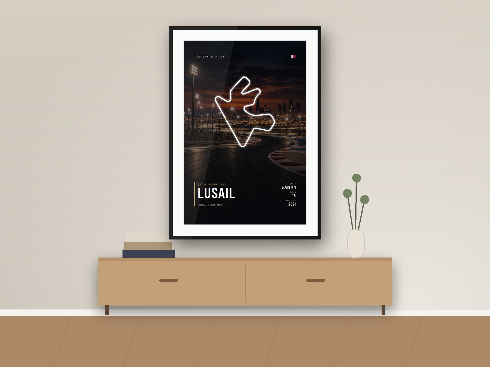 Lusail circuit poster, Night Photo Edition, framed on a wall