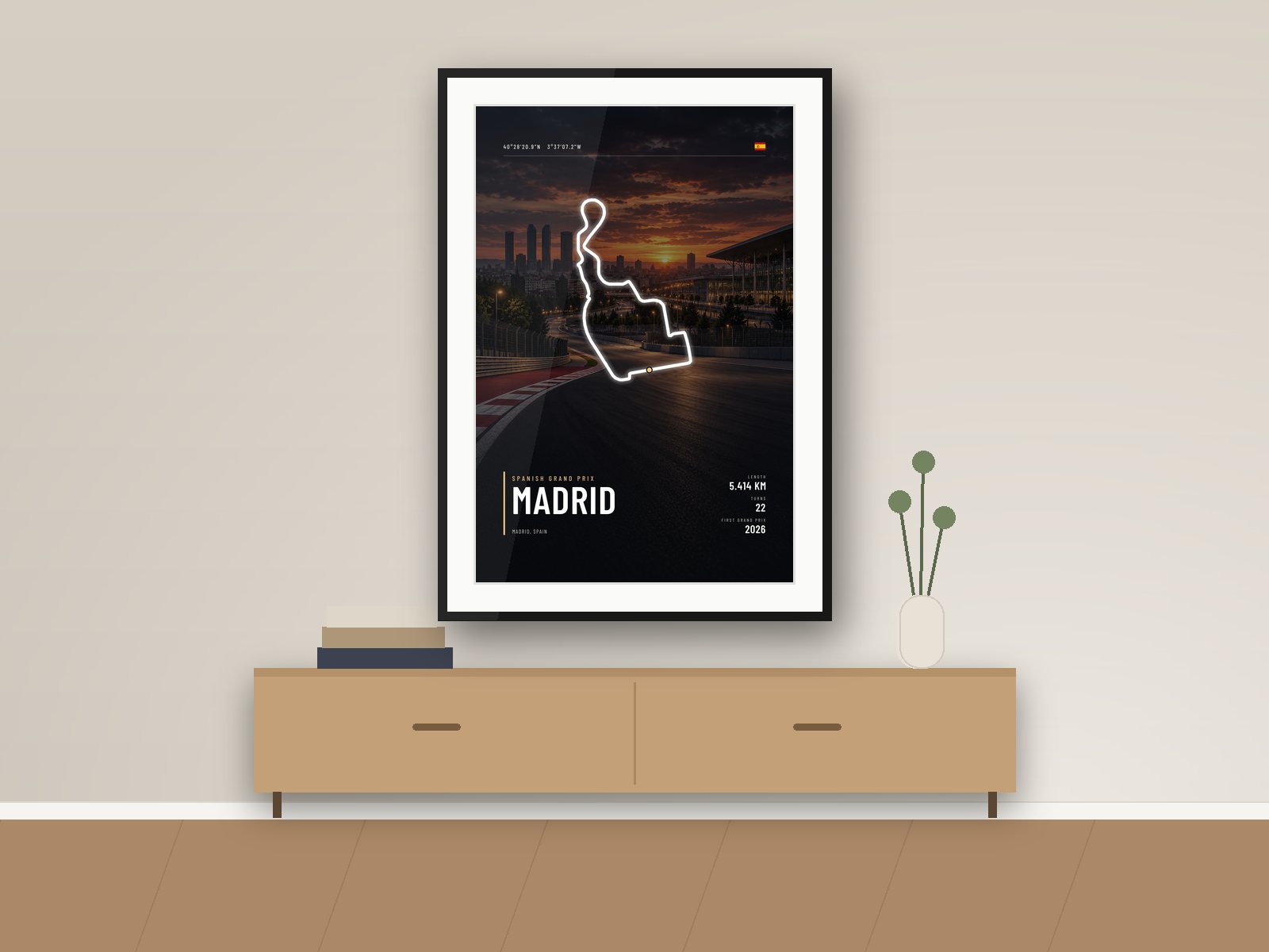 Madrid circuit poster, Night Photo Edition, framed on a wall