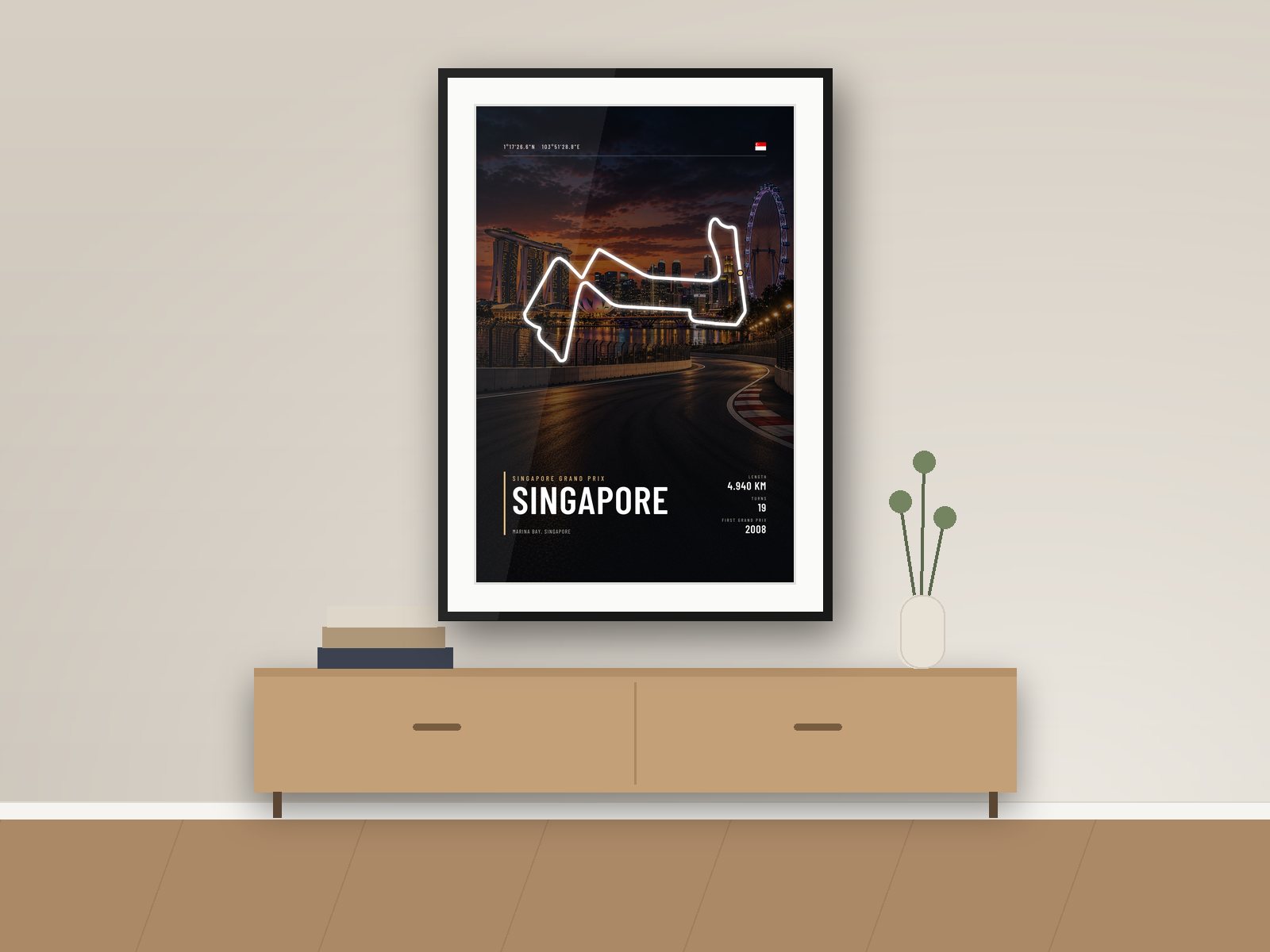 Marina Bay circuit poster, Night Photo Edition, framed on a wall