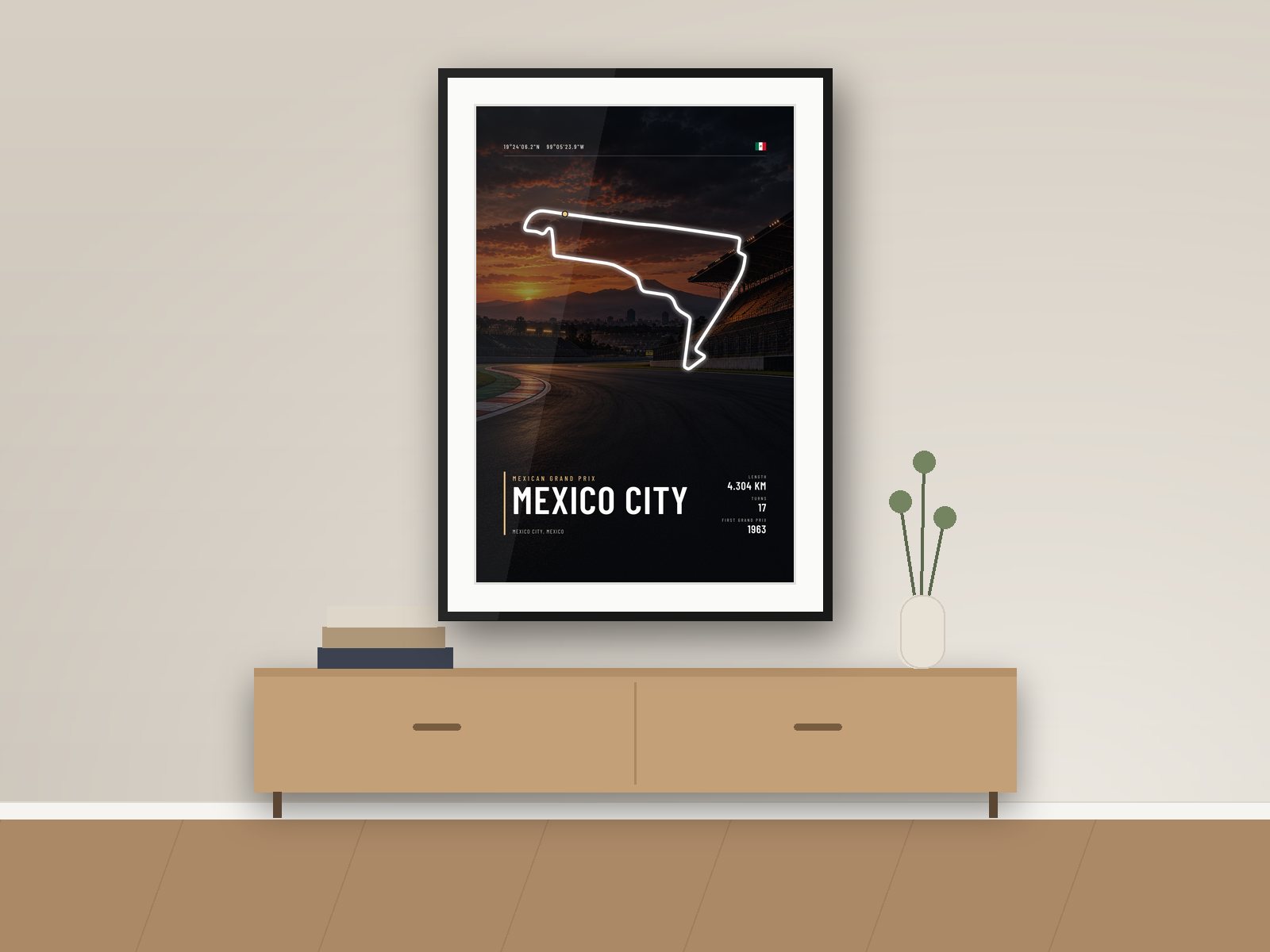 Mexico City circuit poster, Night Photo Edition, framed on a wall