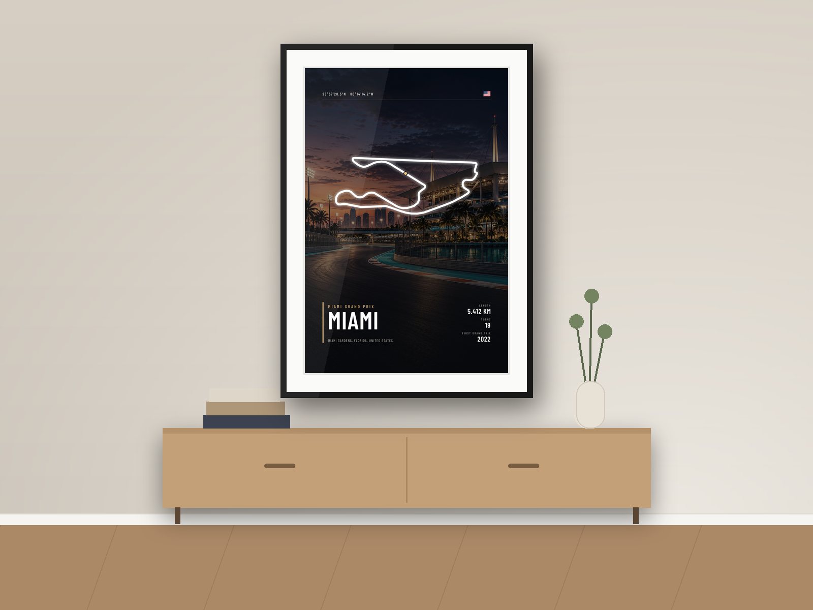 Miami circuit poster, Night Photo Edition, framed on a wall