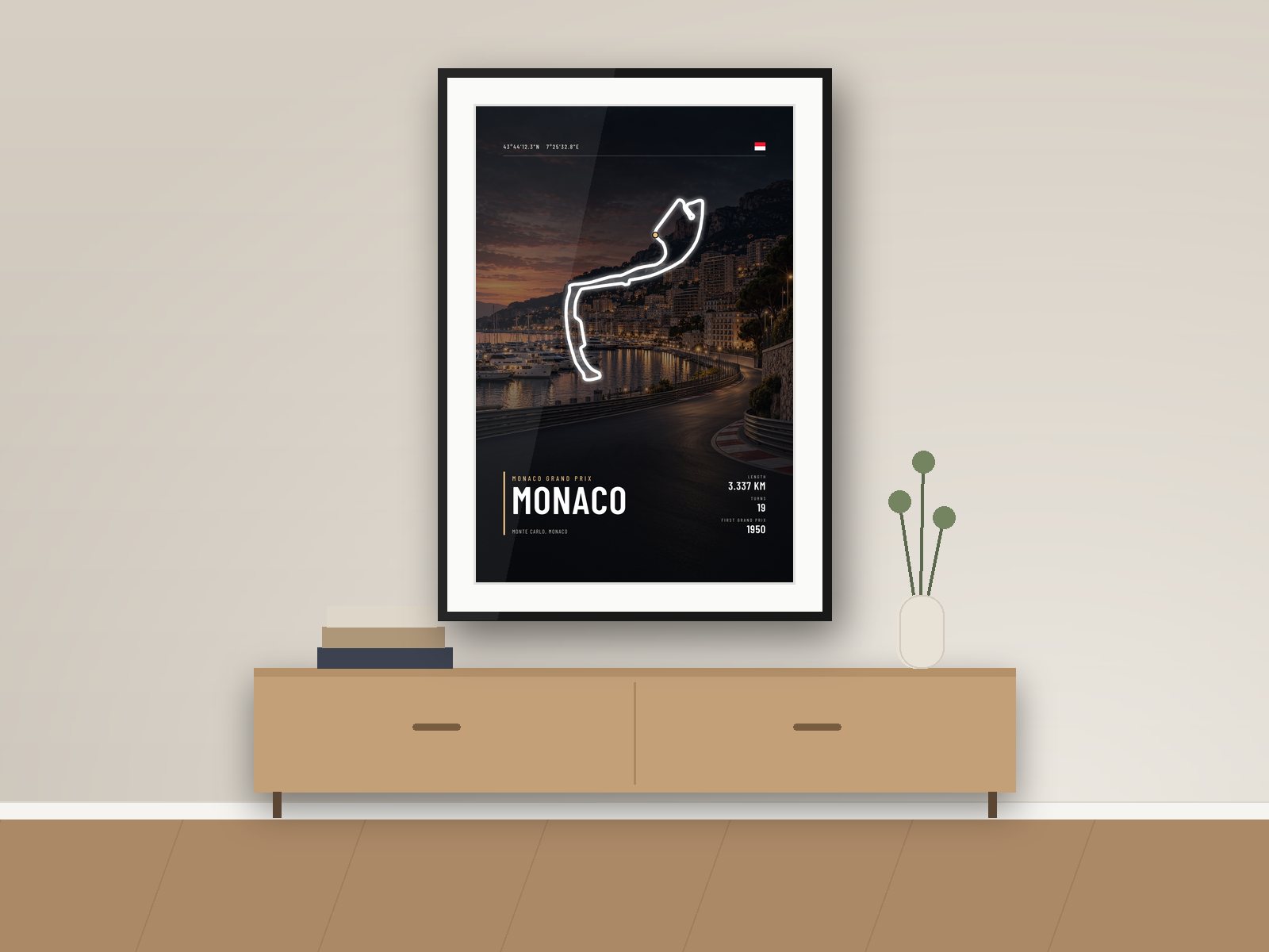 Monaco circuit poster, Night Photo Edition, framed on a wall