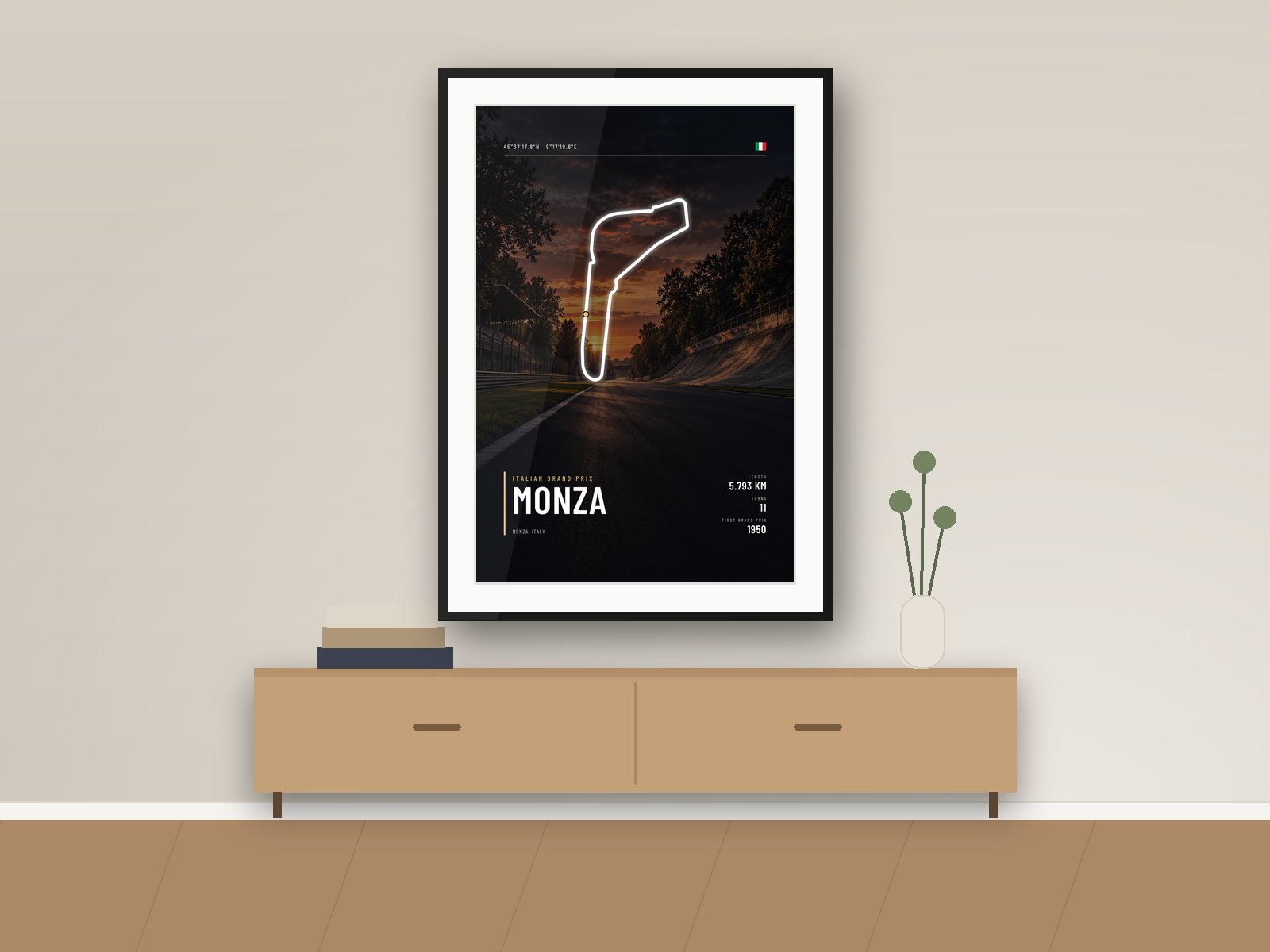 Monza circuit poster, Night Photo Edition, framed on a wall