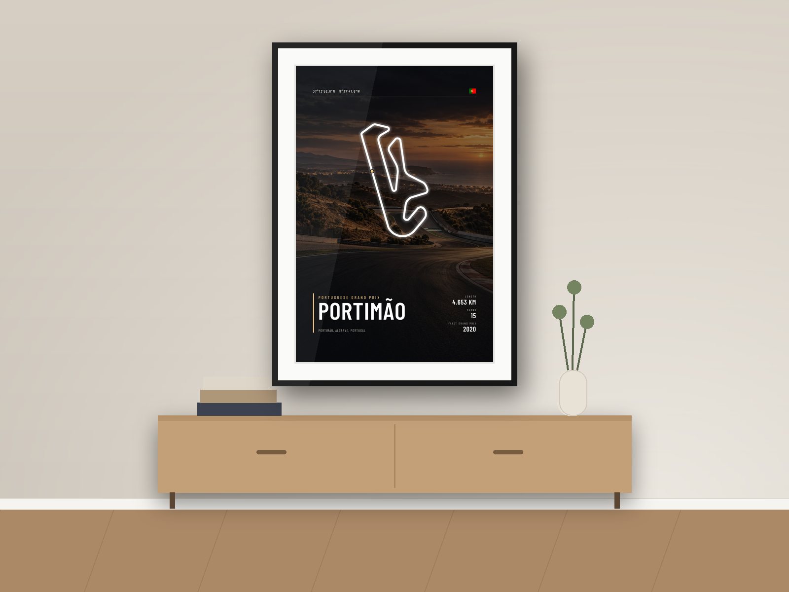 Portimão circuit poster, Night Photo Edition, framed on a wall