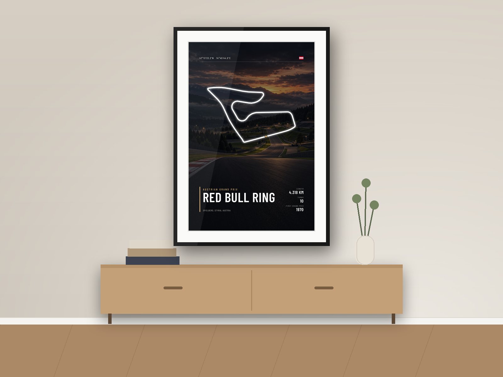 Red Bull Ring circuit poster, Night Photo Edition, framed on a wall