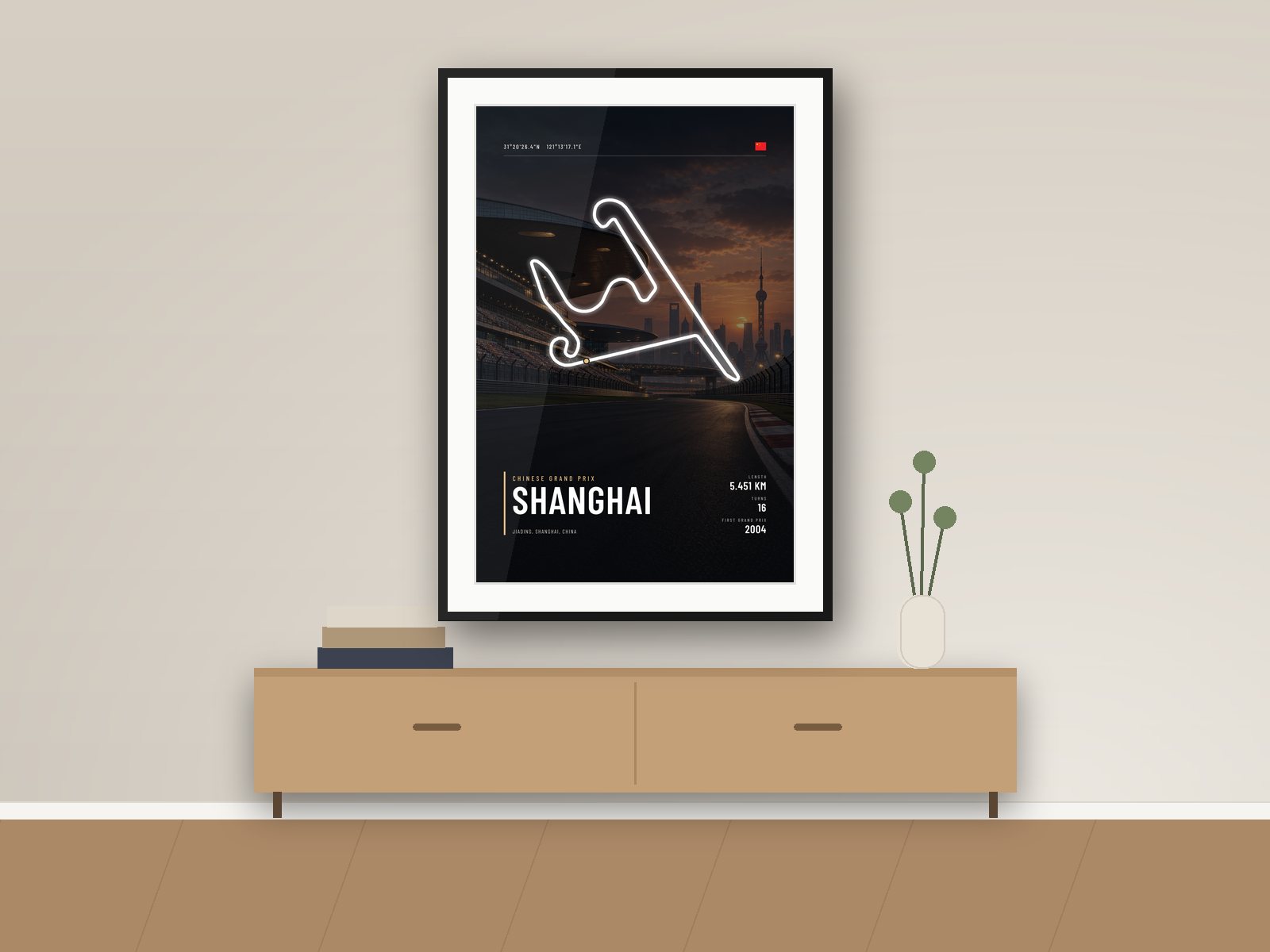 Shanghai circuit poster, Night Photo Edition, framed on a wall