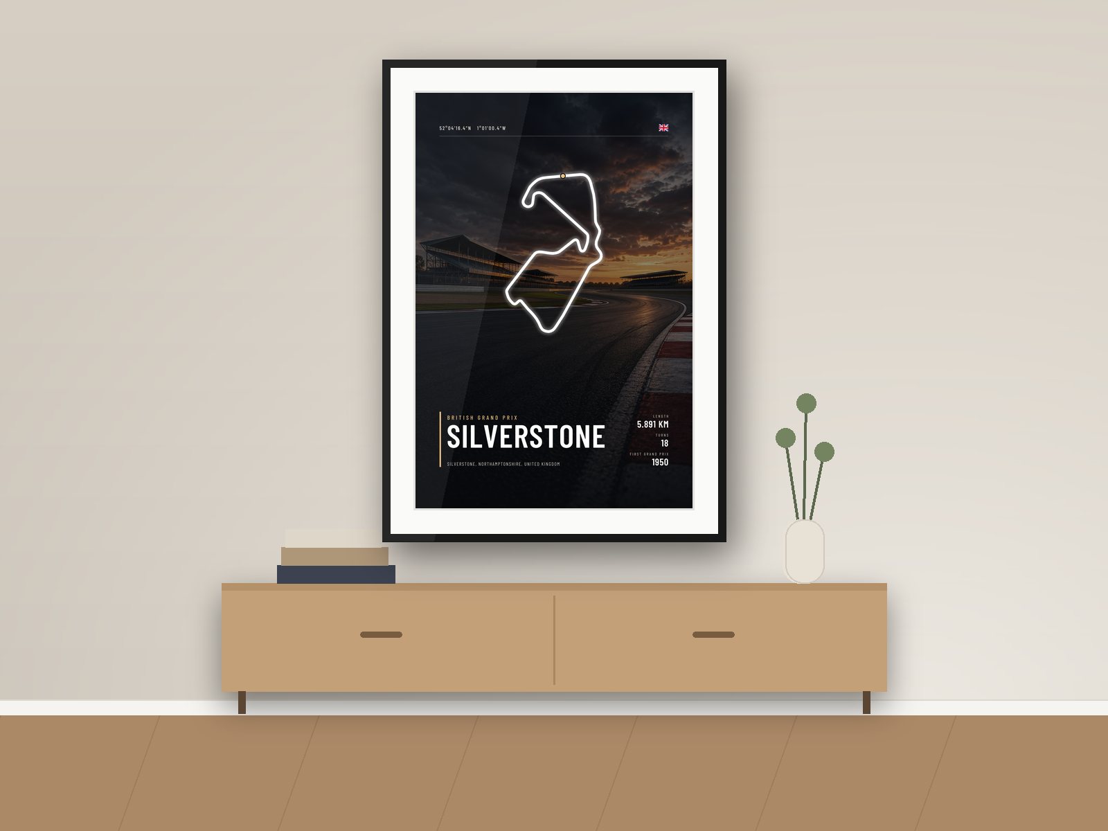Silverstone circuit poster, Night Photo Edition, framed on a wall
