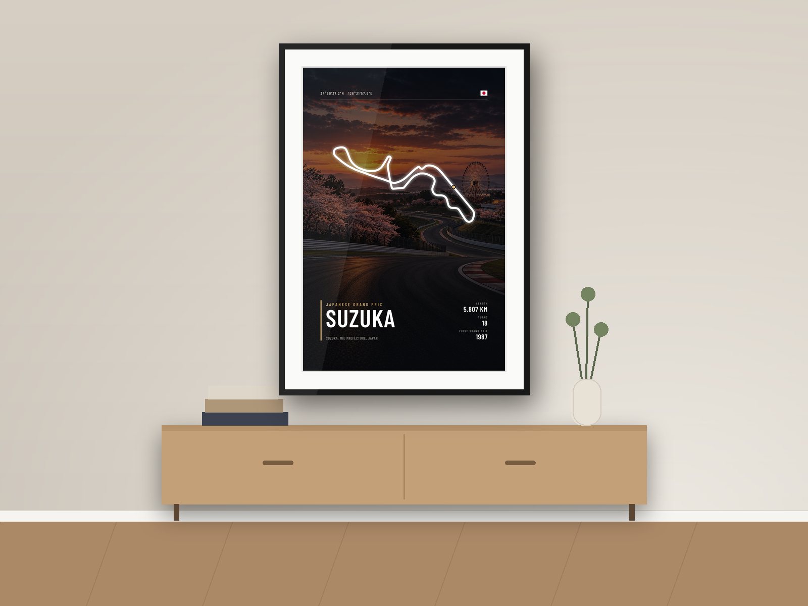 Suzuka circuit poster, Night Photo Edition, framed on a wall